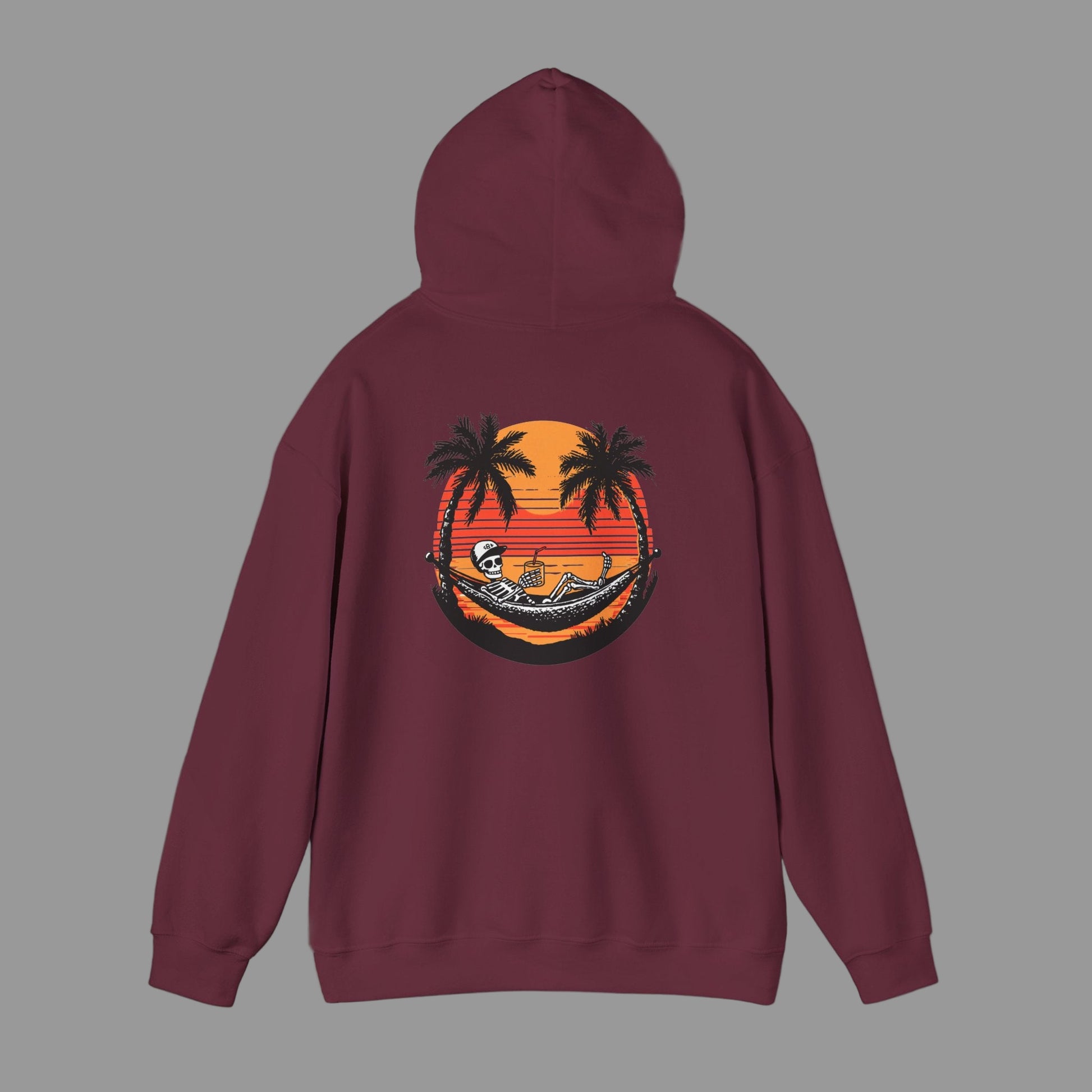 Maroon hoodie with a tropical graphic on the back against a white background