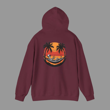 Maroon hoodie with a tropical graphic on the back against a white background