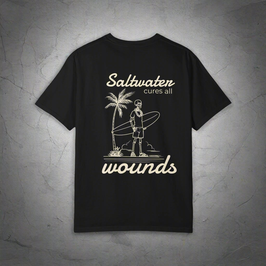 Black t-shirt with white graphic and text 'Saltwater cures all wounds' on a white background