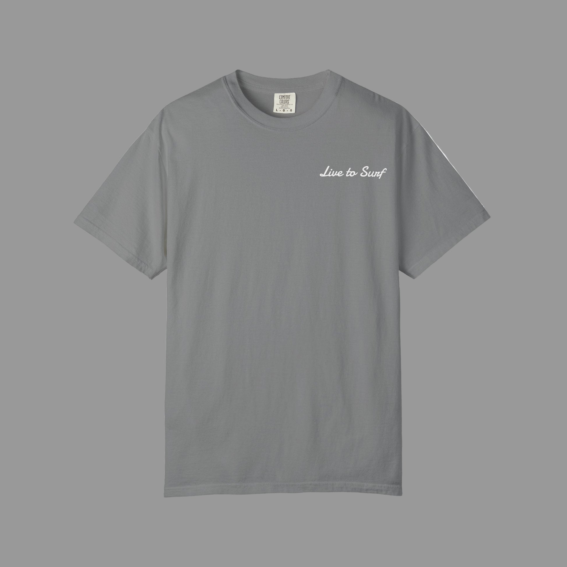 Gray t-shirt with 'Live to Surf' text on a white background