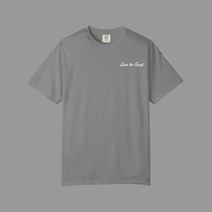 Gray t-shirt with 'Live to Surf' text on a white background