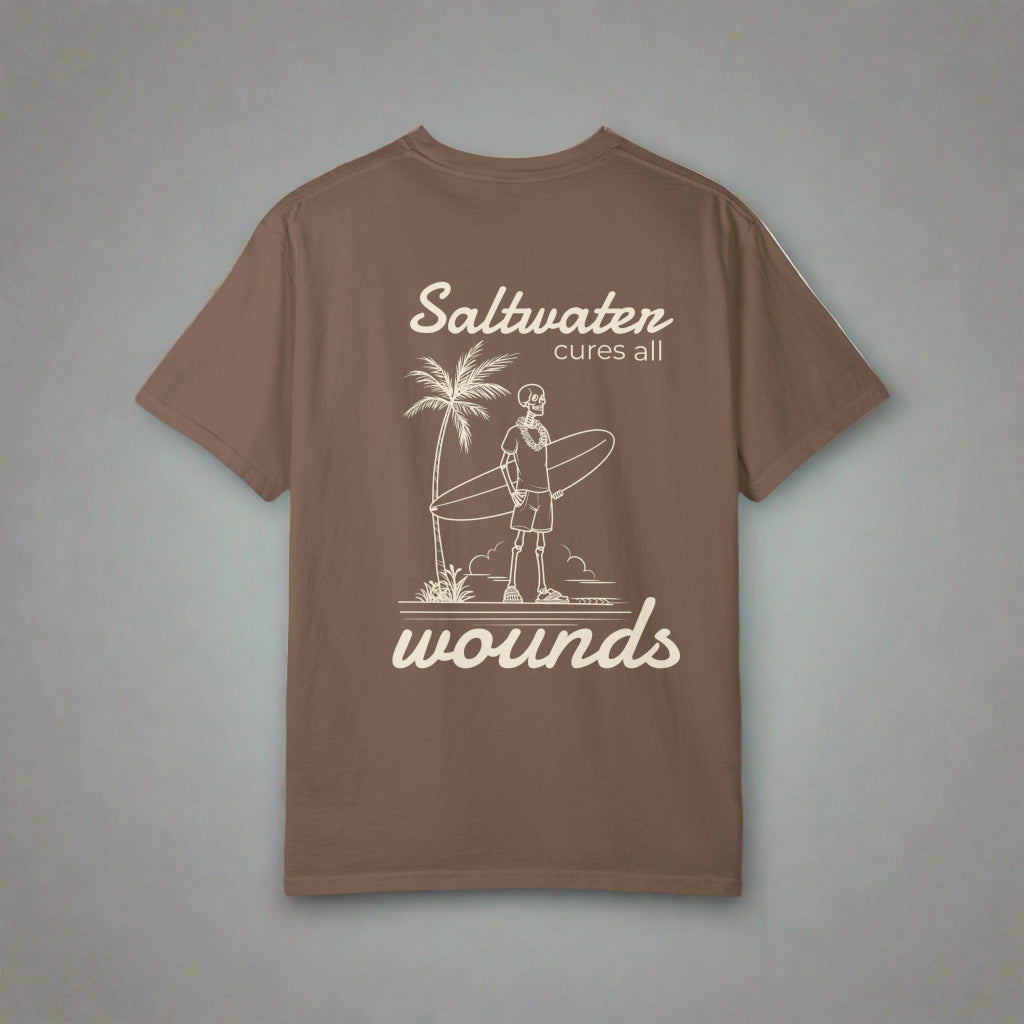 Brown t-shirt with a graphic and text on the back, displayed on a white background.