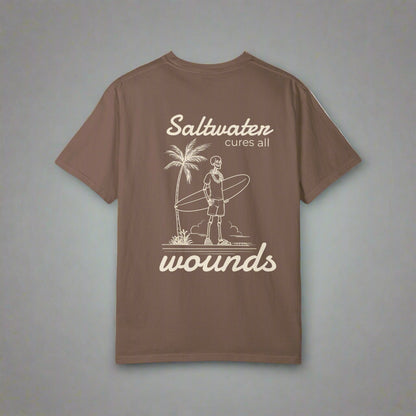Brown t-shirt with a graphic and text on the back, displayed on a white background.