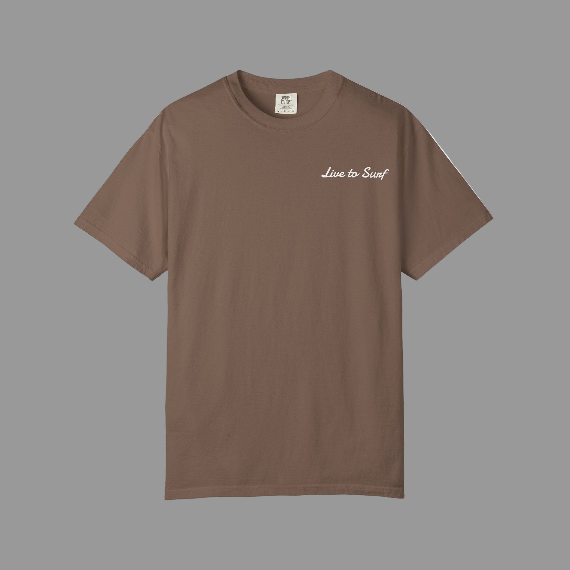 Brown t-shirt with 'Live to Surf' text on a white background