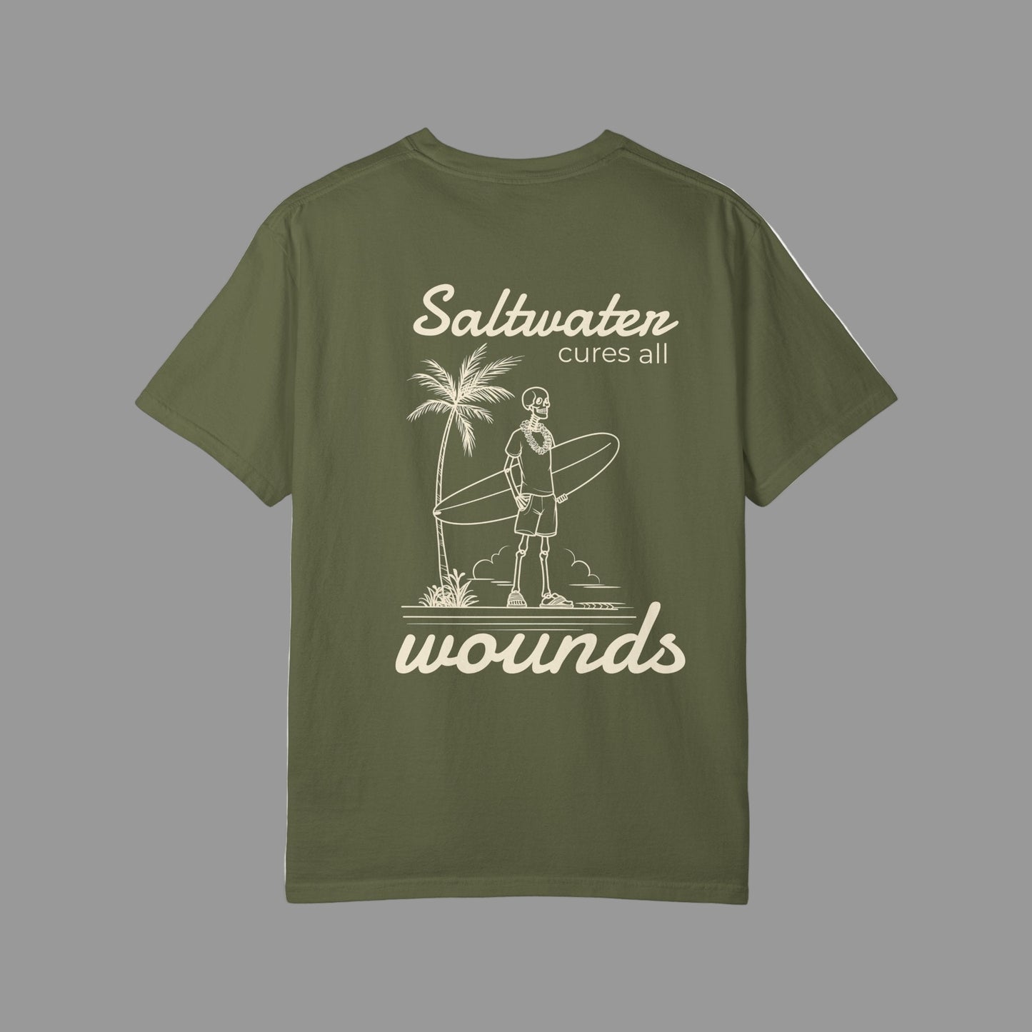 Green t-shirt with white graphic and text on a white background