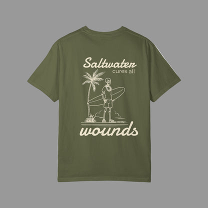 Green t-shirt with white graphic and text on a white background