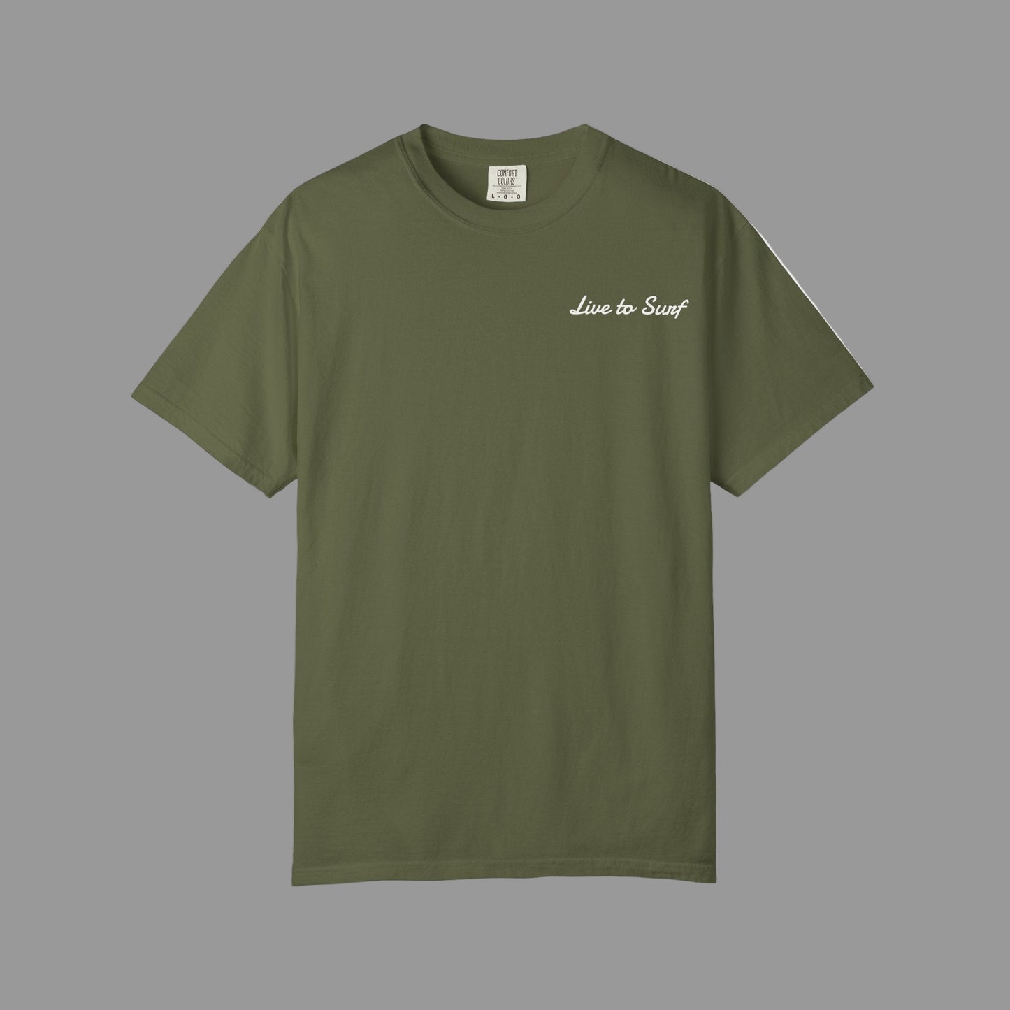 Green t-shirt with 'Live to Surf' text on a white background