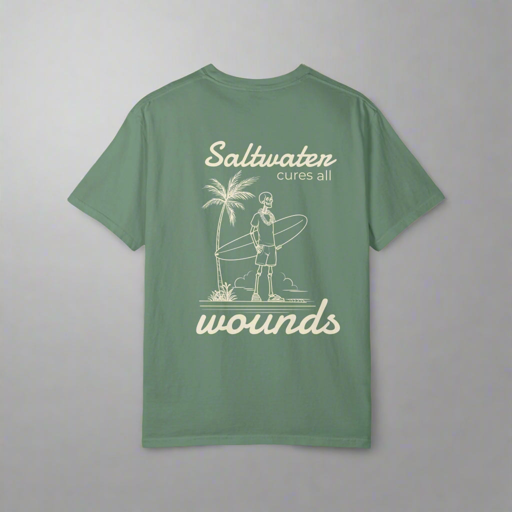 Green t-shirt with a graphic and text on the back, displayed on a white background