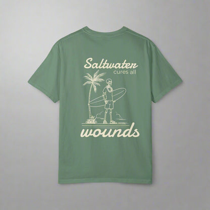 Green t-shirt with a graphic and text on the back, displayed on a white background