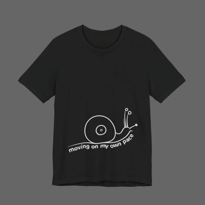 Black t-shirt with a white snail graphic and text on a white background
