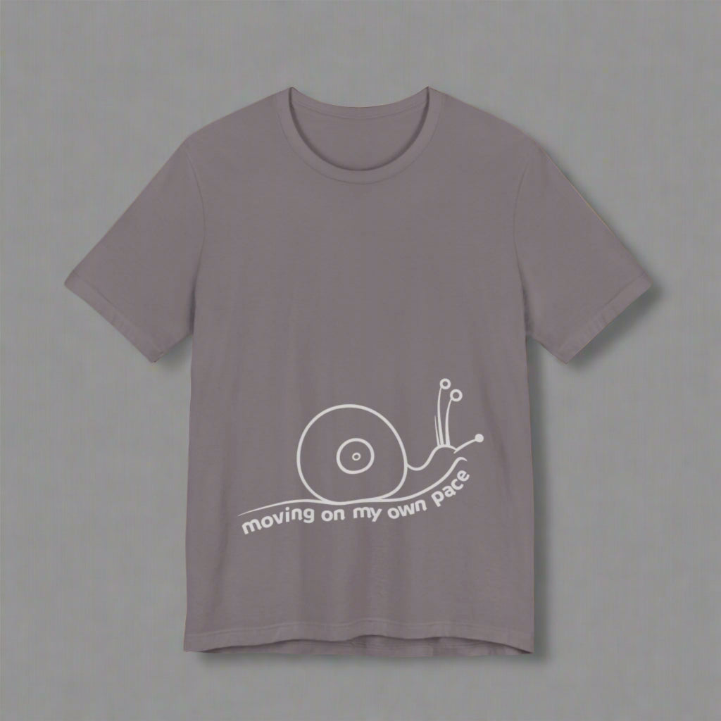 Gray t-shirt with a white snail graphic and text on a white background