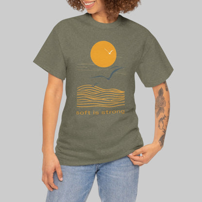 Woman wearing a green t-shirt with a graphic design on a white background