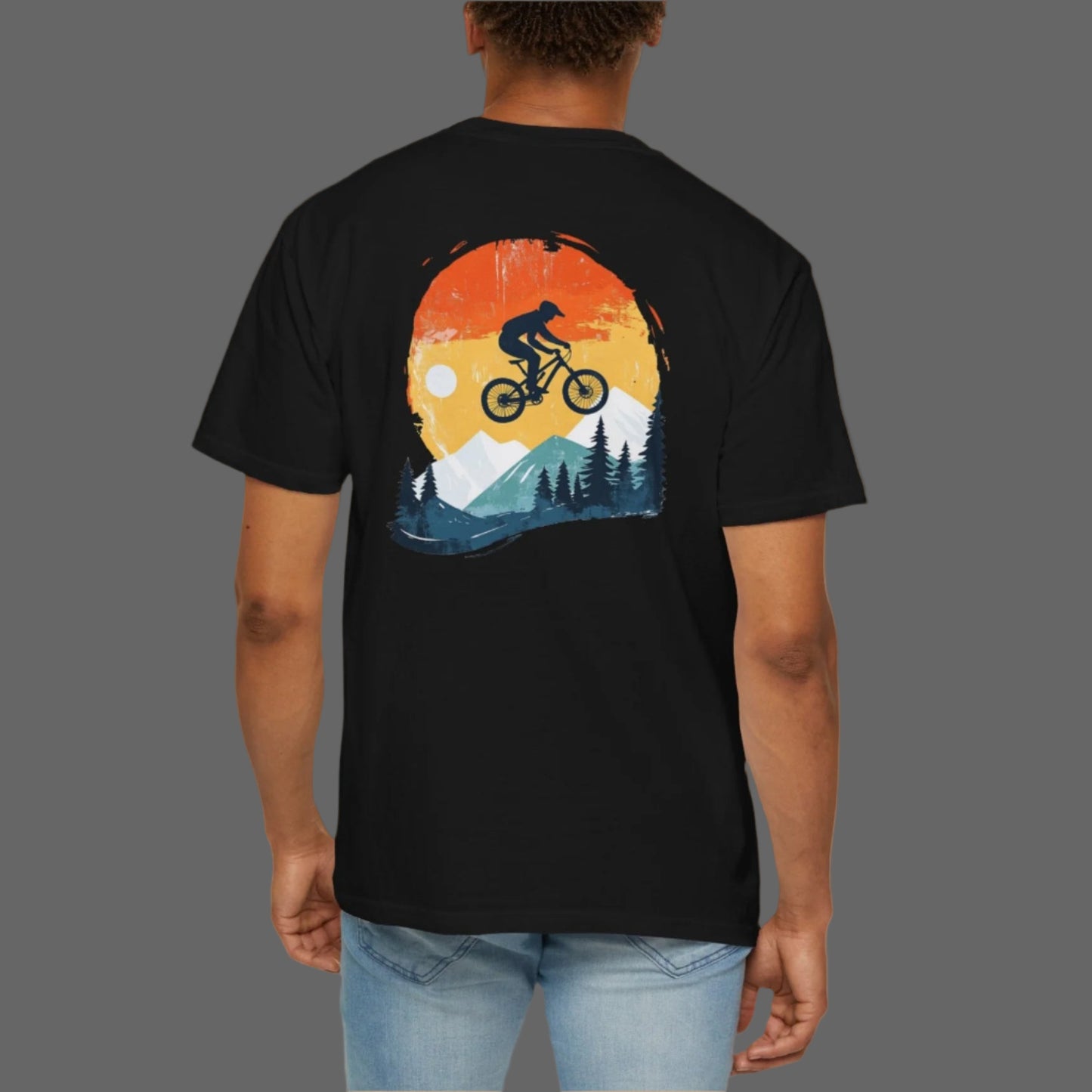 man with back black t-shirt white background