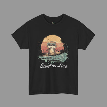 Black t-shirt with a graphic of a raccoon surfing and 'Surf to Live' text on a white background