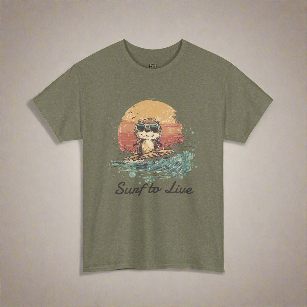 Green t-shirt with a graphic of a otter surfing and 'Surf to Live' text on a white background