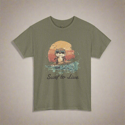Green t-shirt with a graphic of a otter surfing and 'Surf to Live' text on a white background