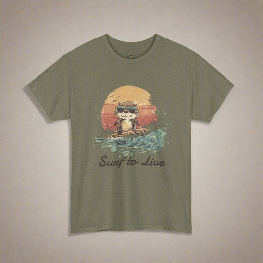 Green t-shirt with a graphic of a otter surfing and 'Surf to Live' text on a white background