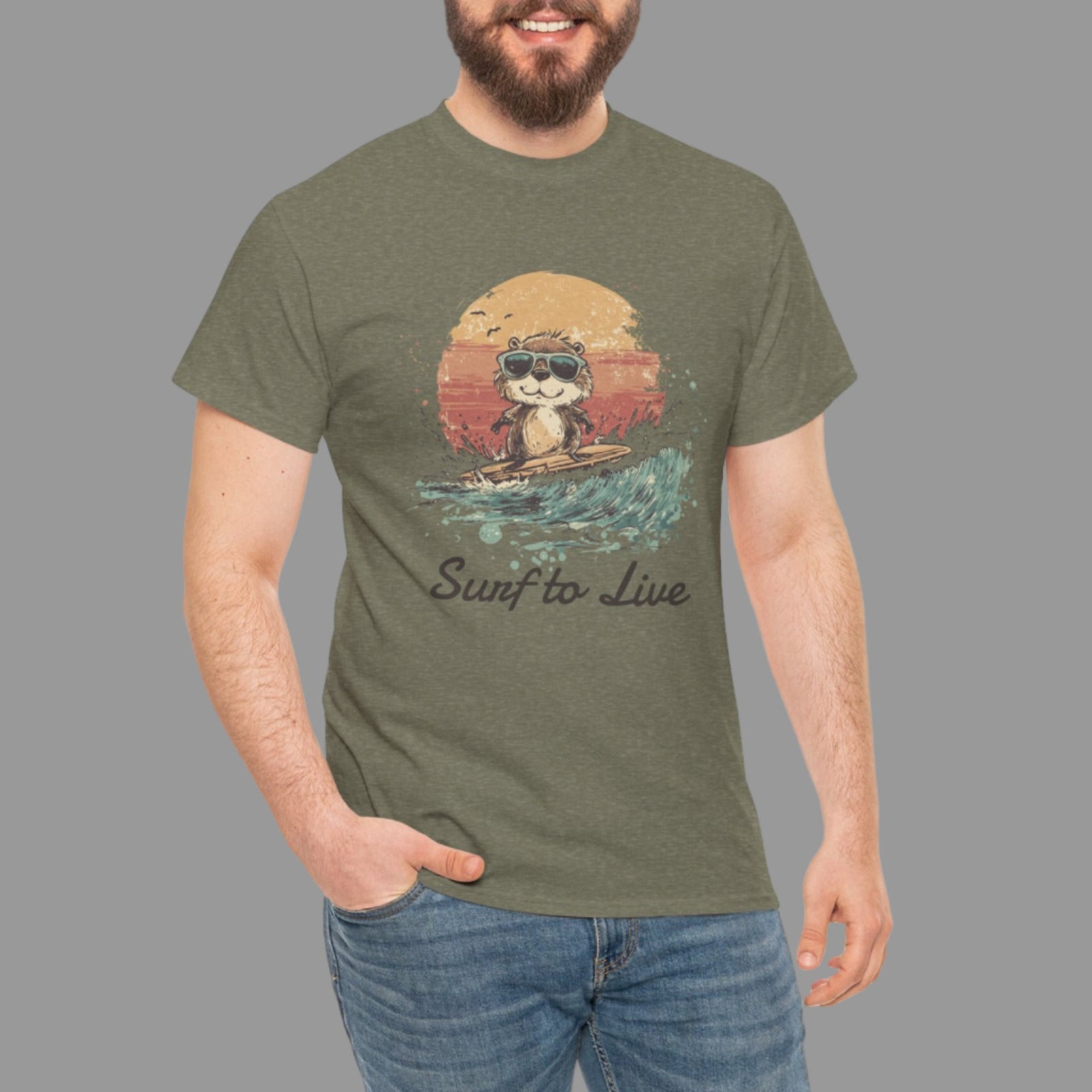 Man wearing a green t-shirt with a graphic design on a white background