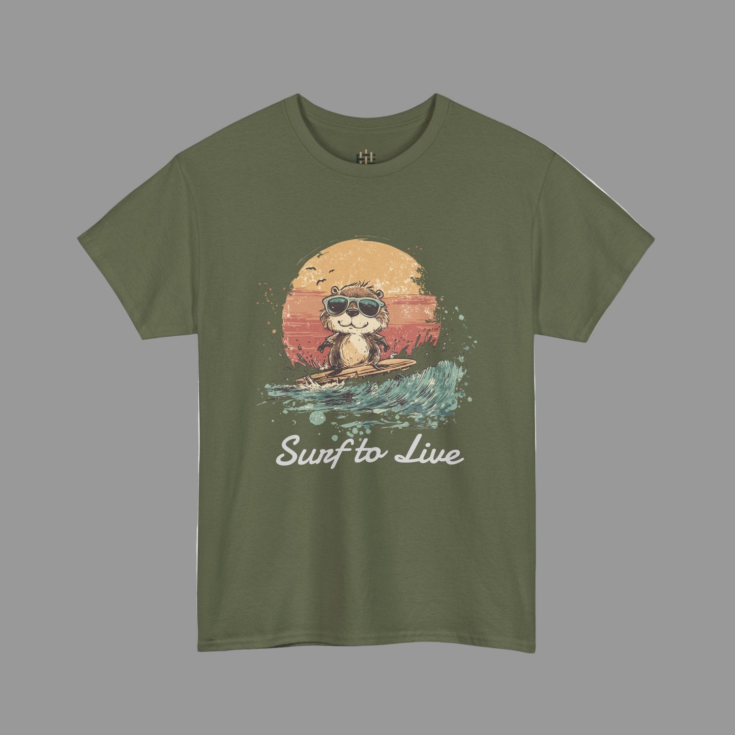 Green t-shirt with a graphic of a raccoon surfing and 'Surf to Live' text on a white background