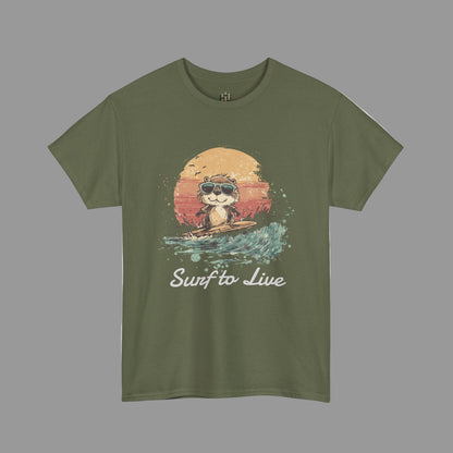 Green t-shirt with a graphic of a raccoon surfing and 'Surf to Live' text on a white background