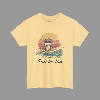 Yellow t-shirt with a graphic of a raccoon surfing and 'Surf to Live' text on a white background