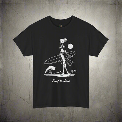 Black t-shirt with a white graphic of a skeleton surfer and 'Surf to Live' text on a white background