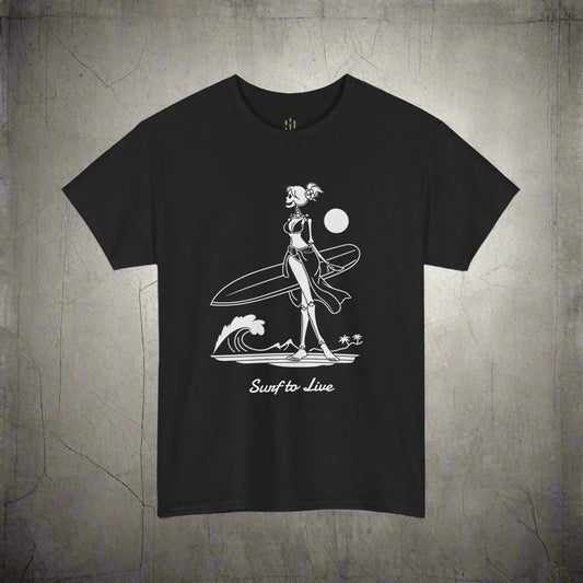 Black t-shirt with a white graphic of a skeleton surfer and 'Surf to Live' text on a white background