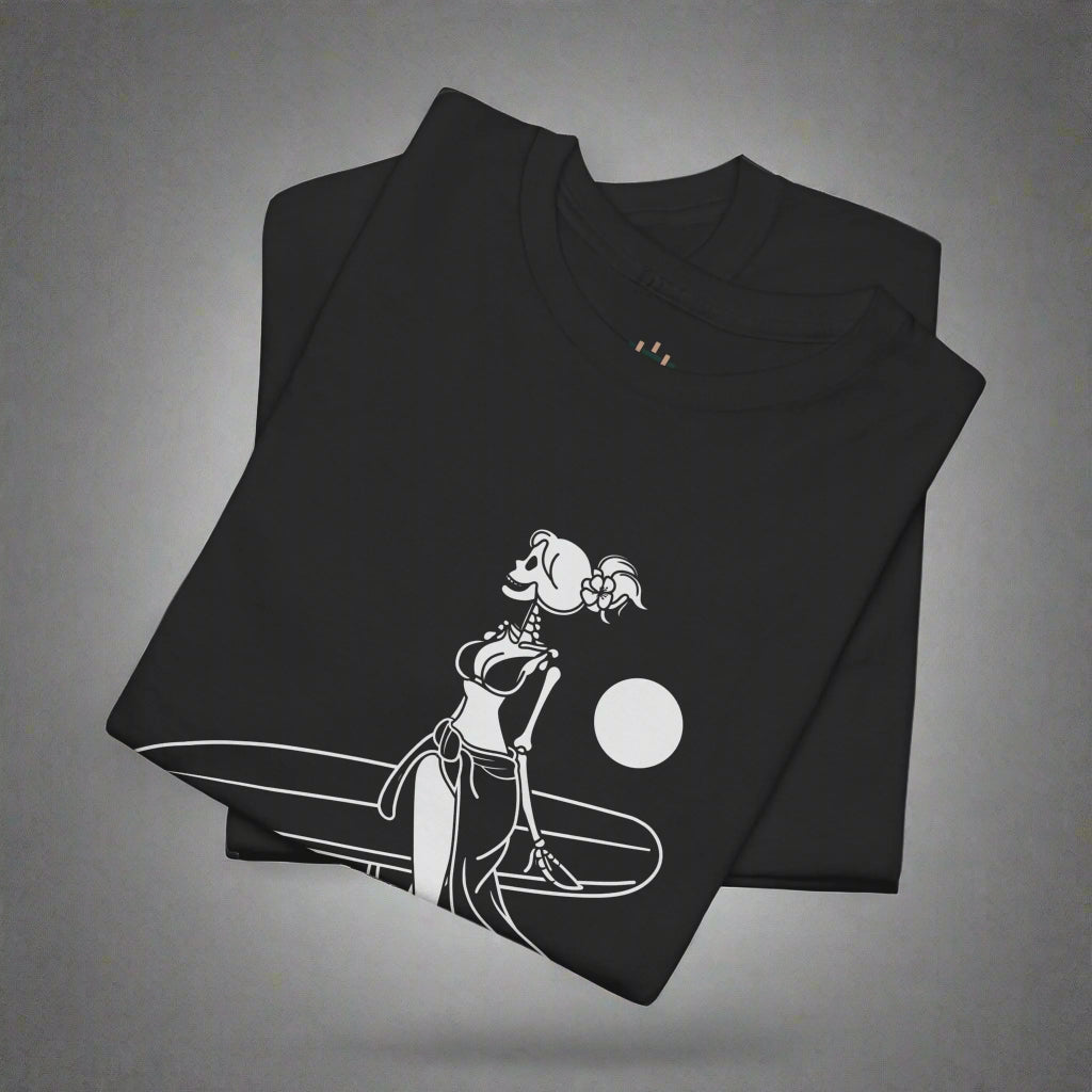 Folded black t-shirt with a white graphic design on a white background