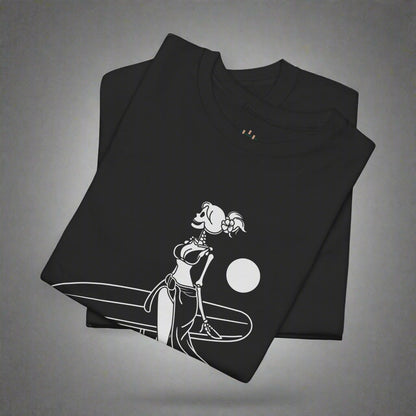 Folded black t-shirt with a white graphic design on a white background