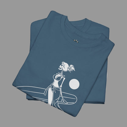 Folded blue t-shirt with a white graphic design on a white background