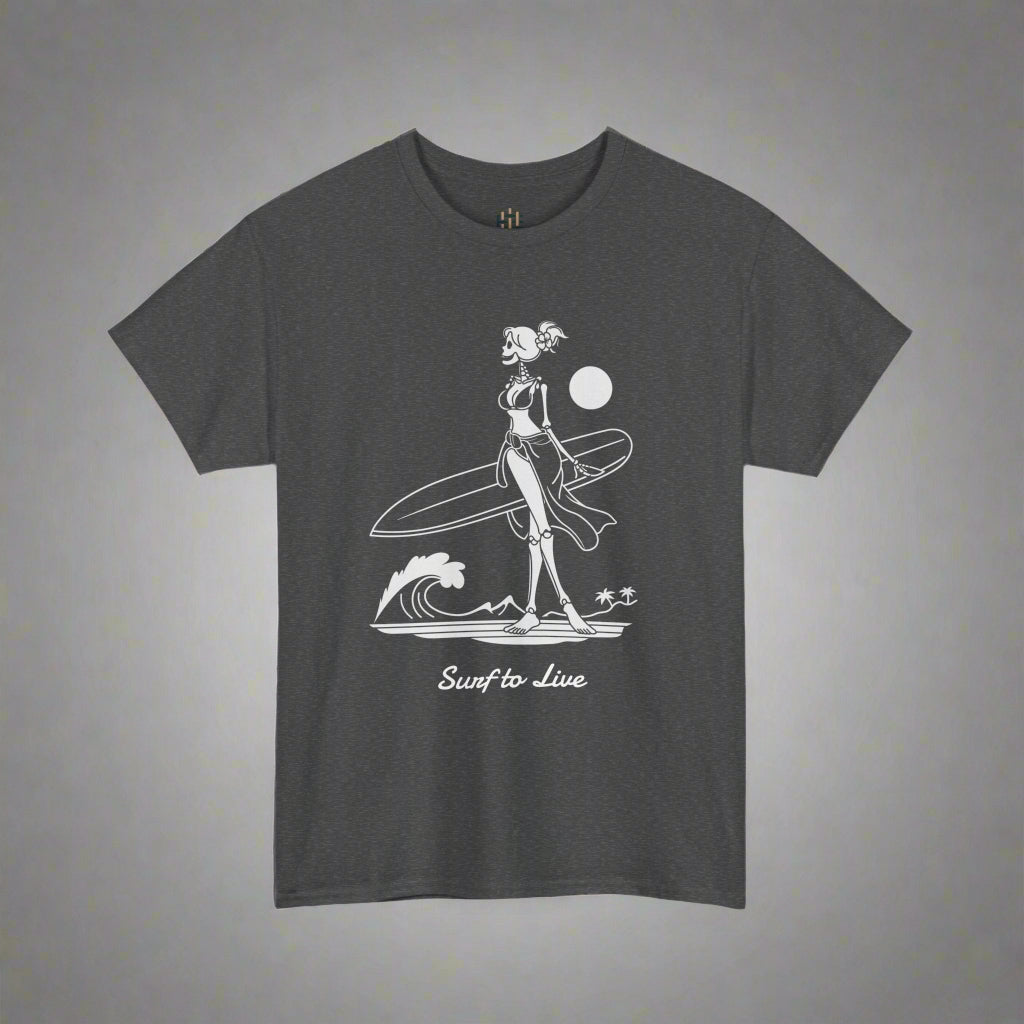 Gray t-shirt with a skeleton surfer design on a white background