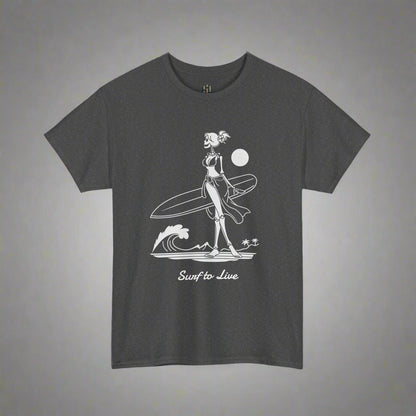 Gray t-shirt with a skeleton surfer design on a white background