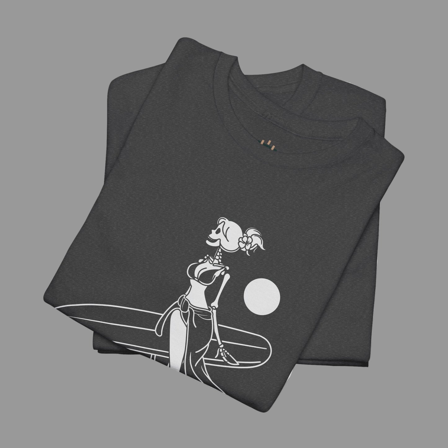 Folded dark gray t-shirt with a white graphic design on a white background