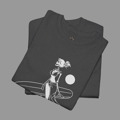 Folded dark gray t-shirt with a white graphic design on a white background