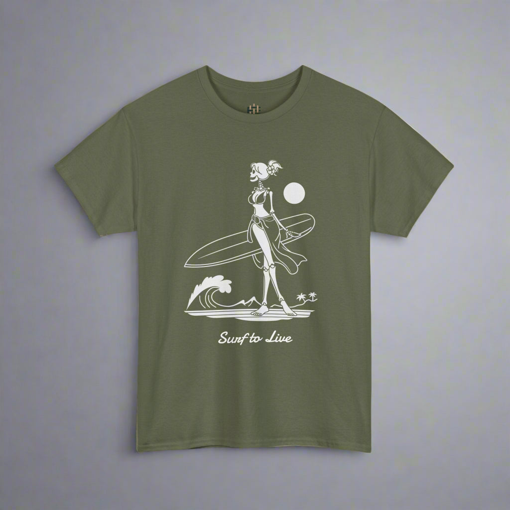 Green t-shirt with a graphic design of a skeleton surfer on a white background