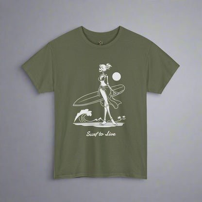 Green t-shirt with a graphic design of a skeleton surfer on a white background