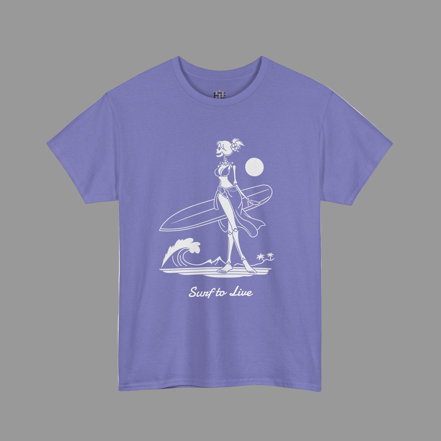 Purple t-shirt with a white graphic of a surfer and text on a white background