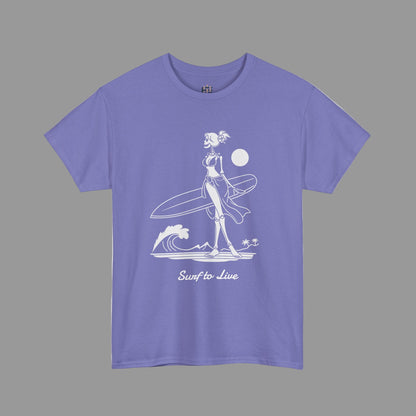 Purple t-shirt with a white graphic of a surfer and text on a white background