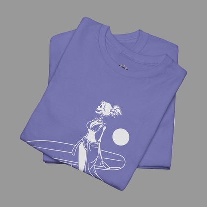 Folded purple t-shirt with a white graphic design on a white background