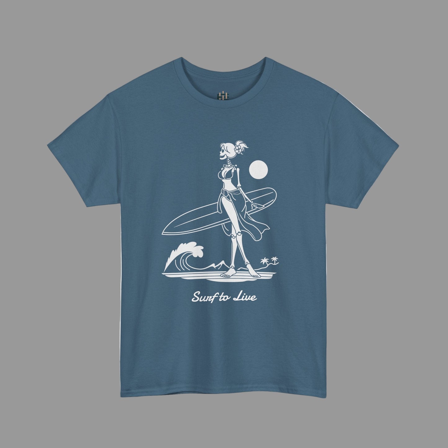 Blue t-shirt with a white graphic of a skeleton surfer and 'Surf to Live' text on a white background