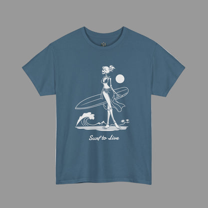 Blue t-shirt with a white graphic of a skeleton surfer and 'Surf to Live' text on a white background