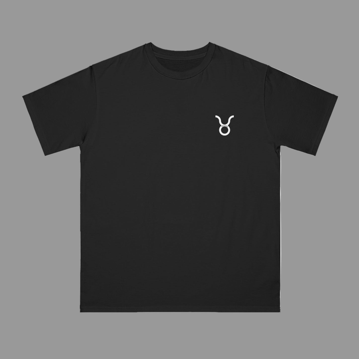 Black t-shirt with a white logo on a white background