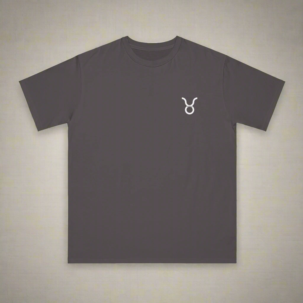 Dark gray t-shirt with a white logo on a white background