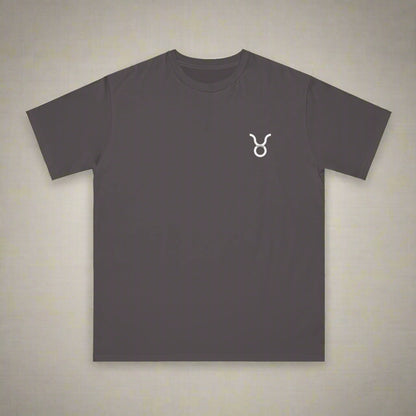 Dark gray t-shirt with a white logo on a white background