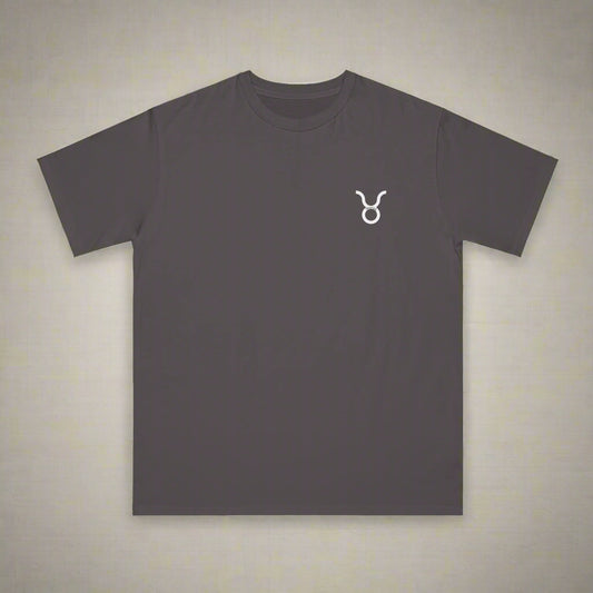 Dark gray t-shirt with a white logo on a white background