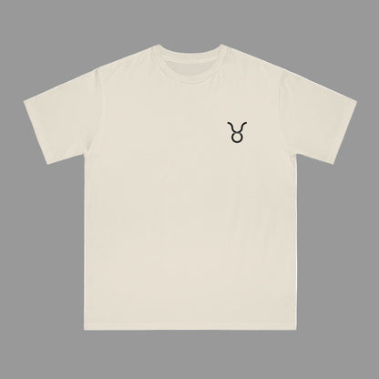 Beige t-shirt with a black symbol on a white background