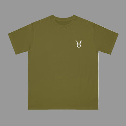 Green t-shirt with a white logo on a white background