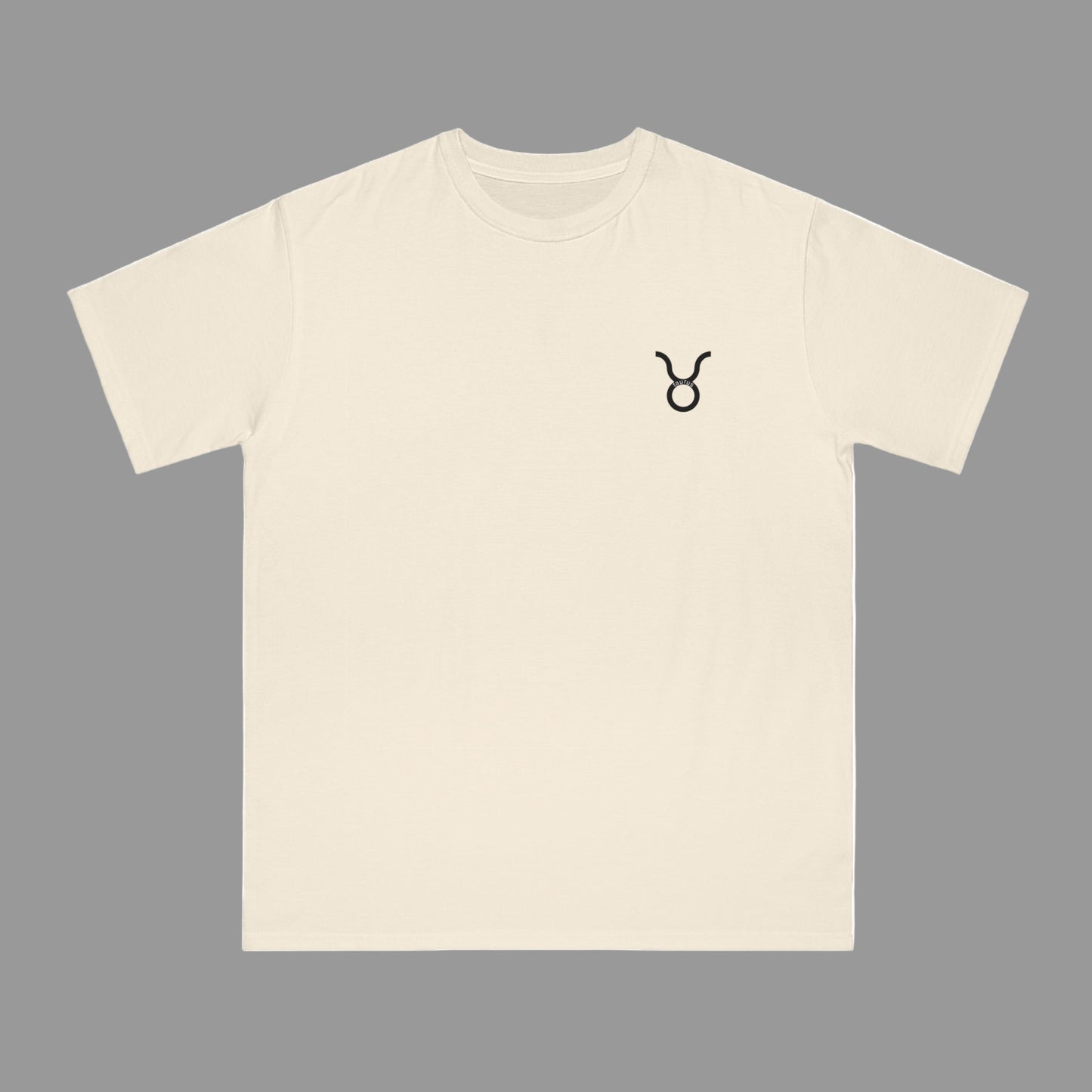 Beige t-shirt with a black symbol on a white background