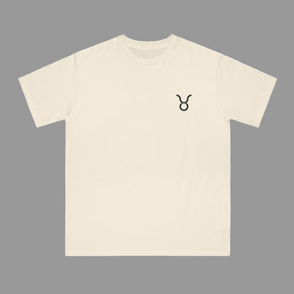 Beige t-shirt with a black symbol on a white background