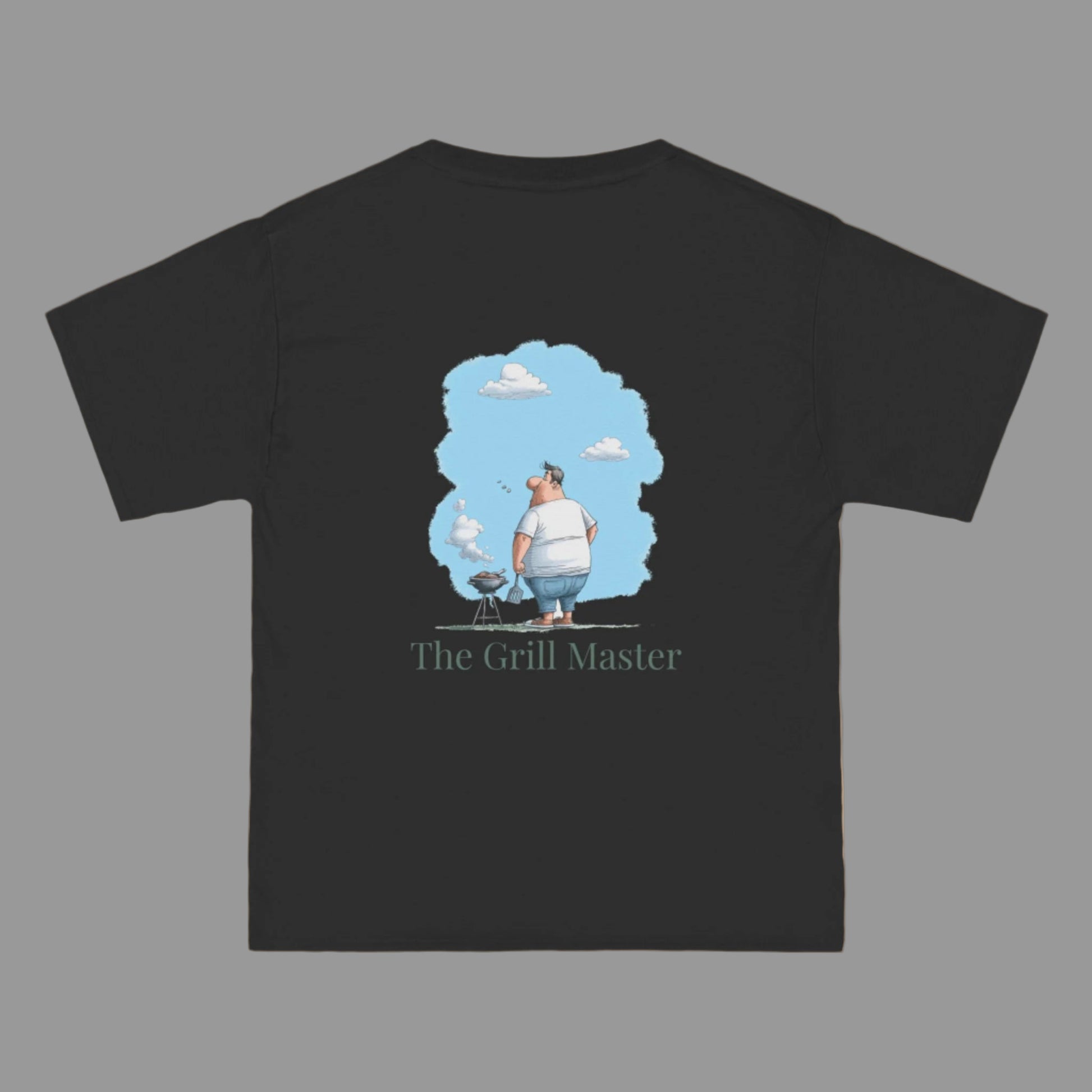 Black t-shirt with a graphic of a man grilling and the text 'The Grill Master' on a white background